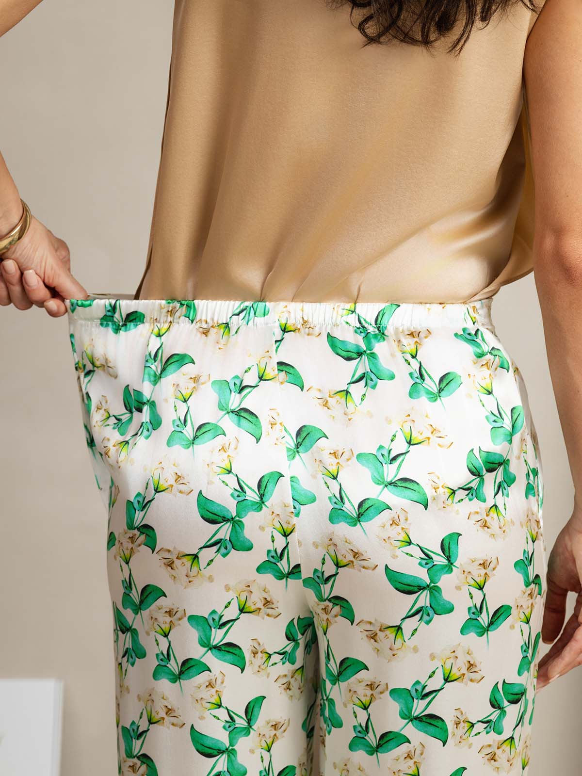 [Floral Vert] SilkSilky-FR 19Momme Soie Womens Pants 005