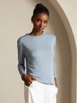 [BleuGrisâtre] SilkSilky-FR Soie Col Rond Femme T-Shirt 007