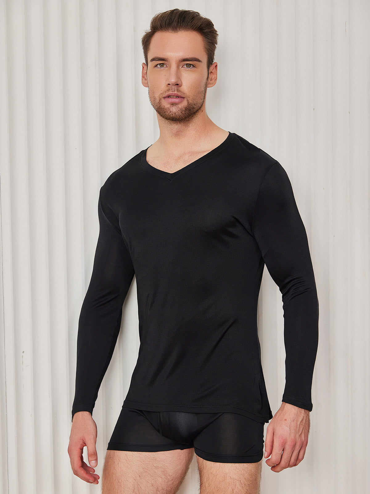 SilkSilky FR Soie Tricotée Manches longues Col en V Homme T Shirt Noir 004