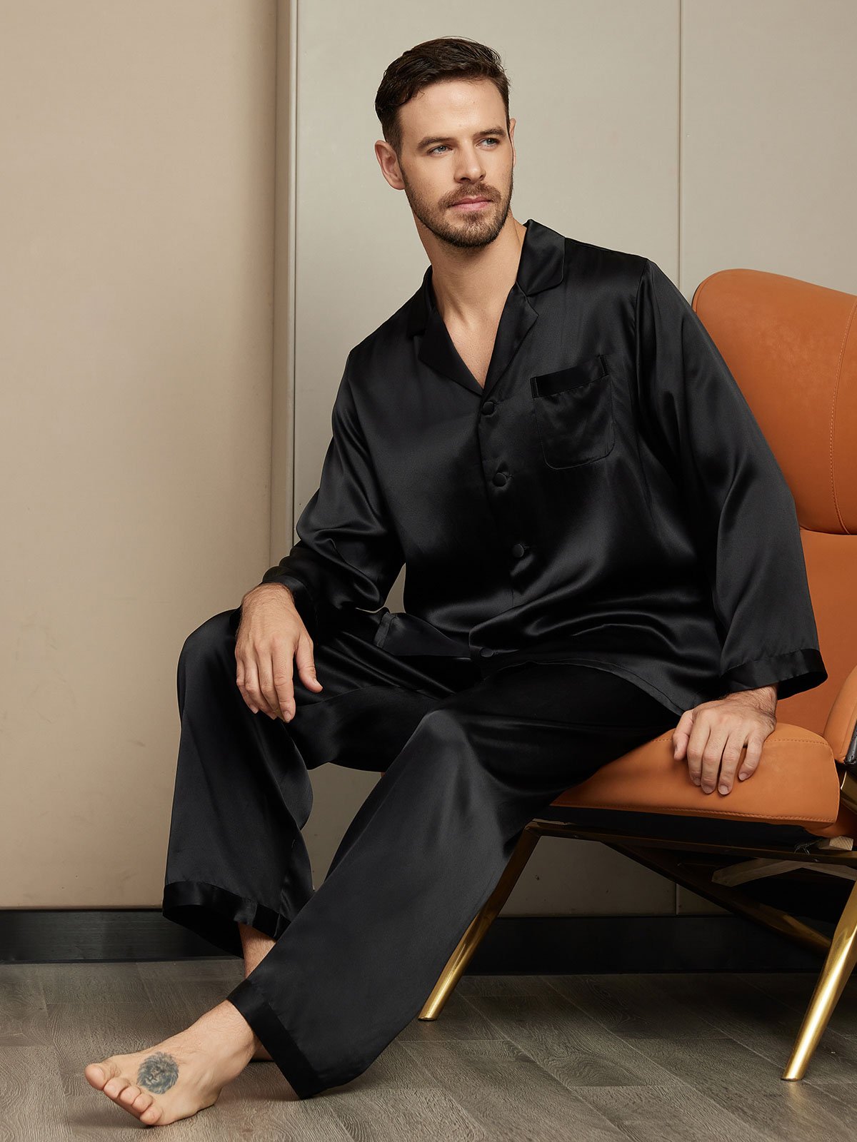 [Noir] SilkSilky-FR Pure Soie Mens Pajamas 003