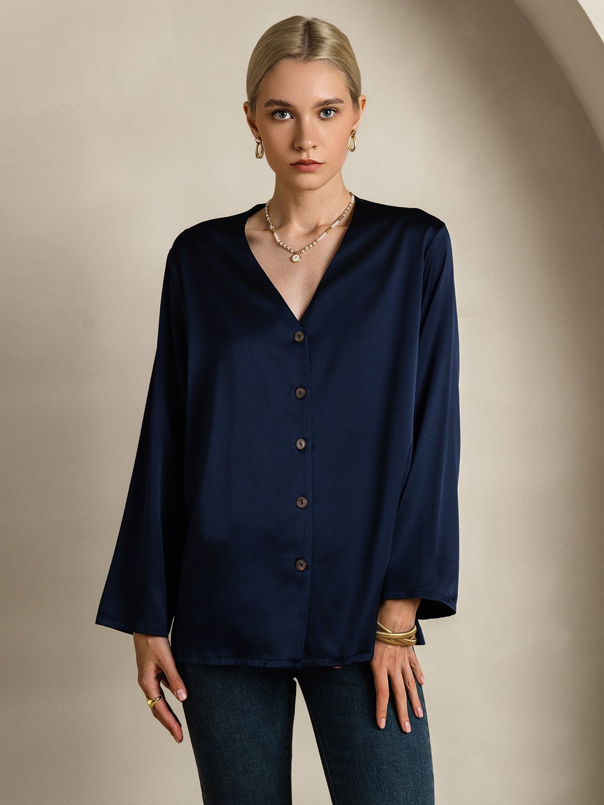 [Bleu Foncé] SilkSilky-FR 19Momme Soie Col en V Femme Chemise 003