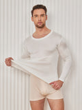 SilkSilky FR Soie Tricotée Manches longues Col Rond Homme T Shirt Blanc 003