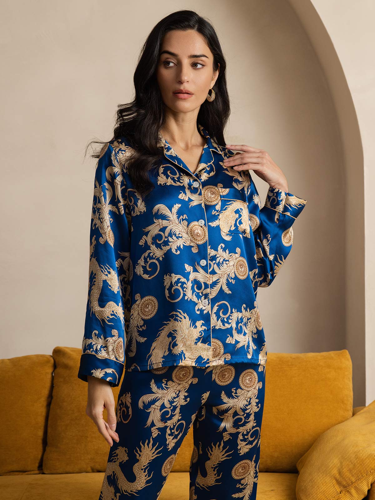 [Dragon Navy] SilkSilky-FR Pure Soie Womens Pajamas 003