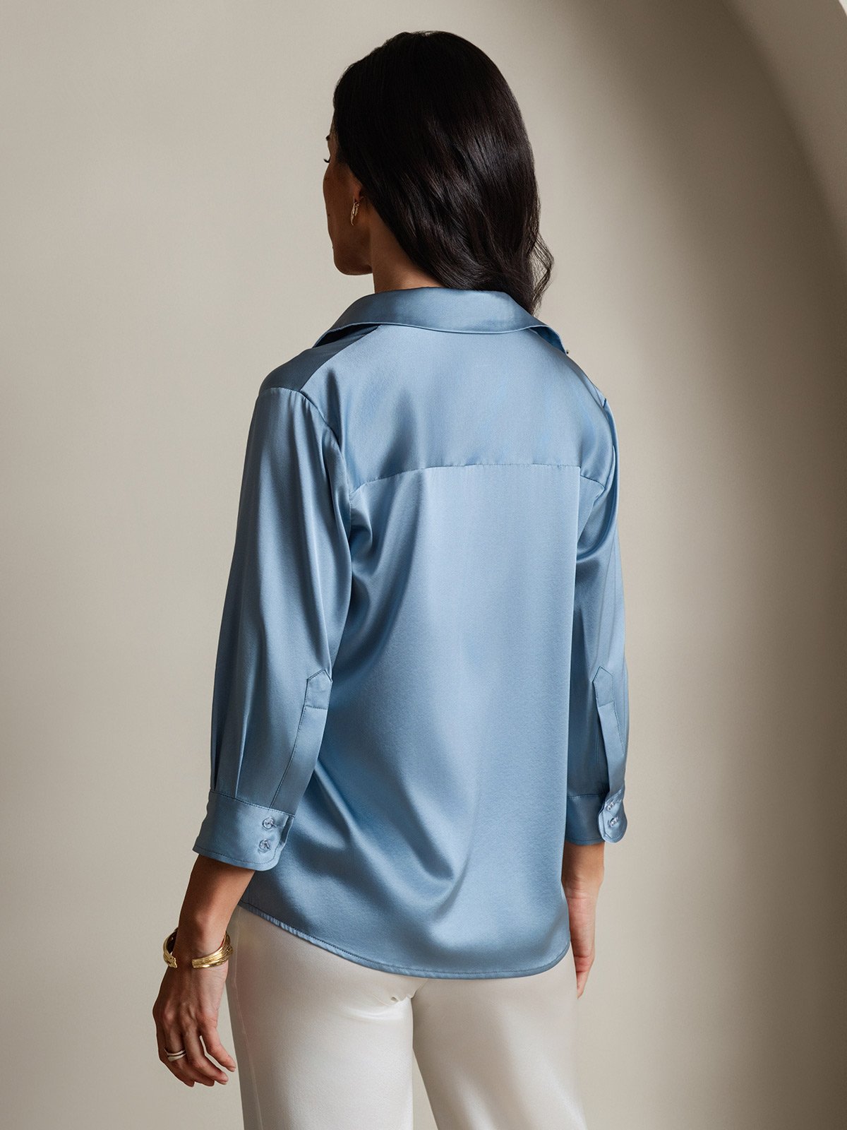 [Bleu Grisâtre] SilkSilky-FR 3/4 Sleeve Lapel Collar Femme Chemise 002