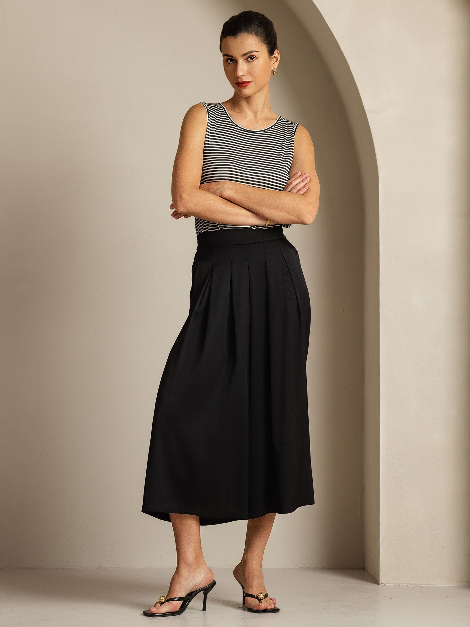 [Rayure Blanche] SilkSilky-FR Soie Sans manches Col Rond Top À Fines Brides 007