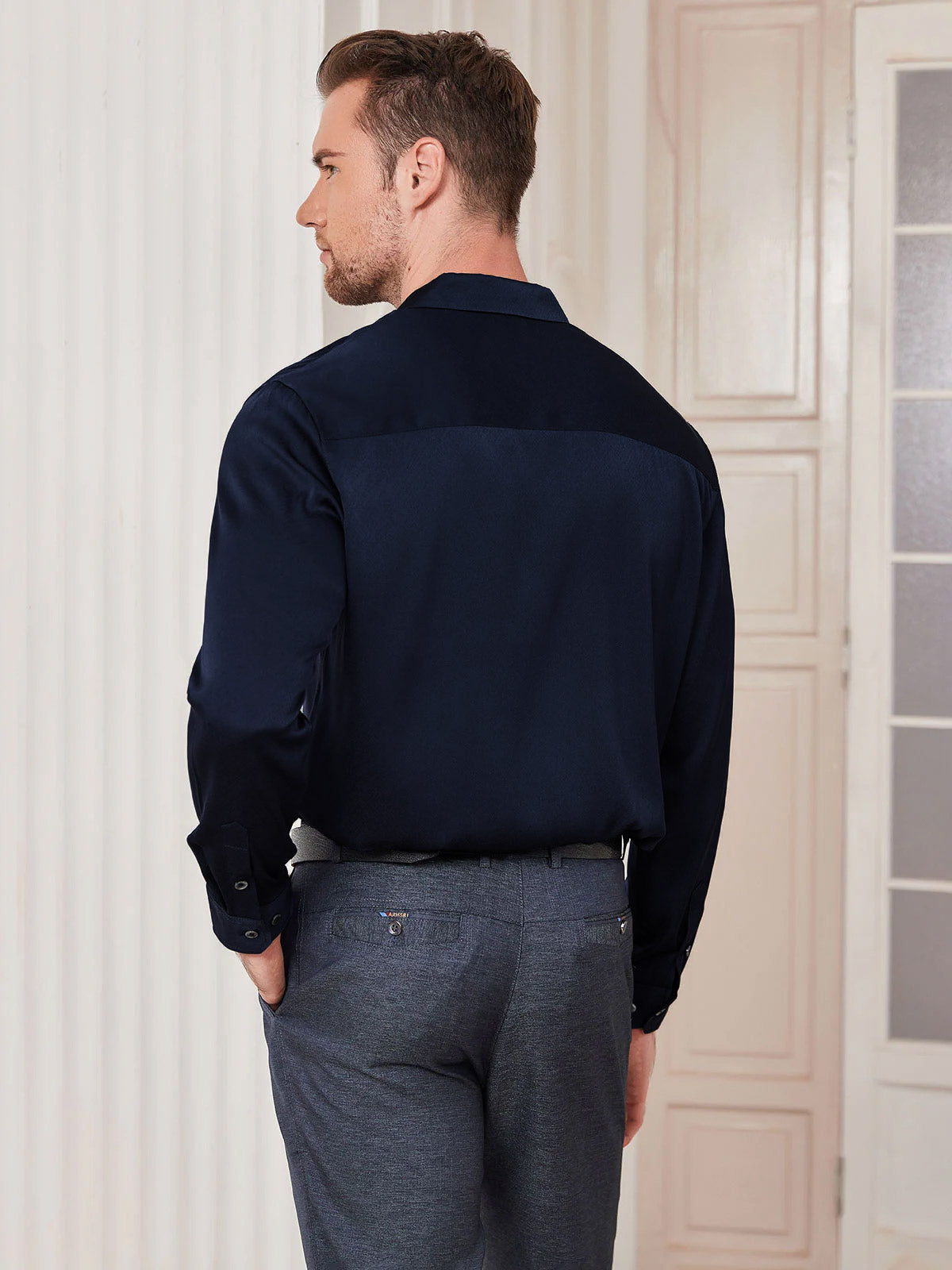 [Bleu Foncé] SilkSilky-FR Soie Col Chemise Homme Chemise 004