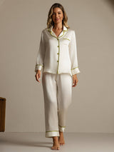 [Blanc] SilkSilky-FR Manches longues Col Cranté Femme Pyjamas 008