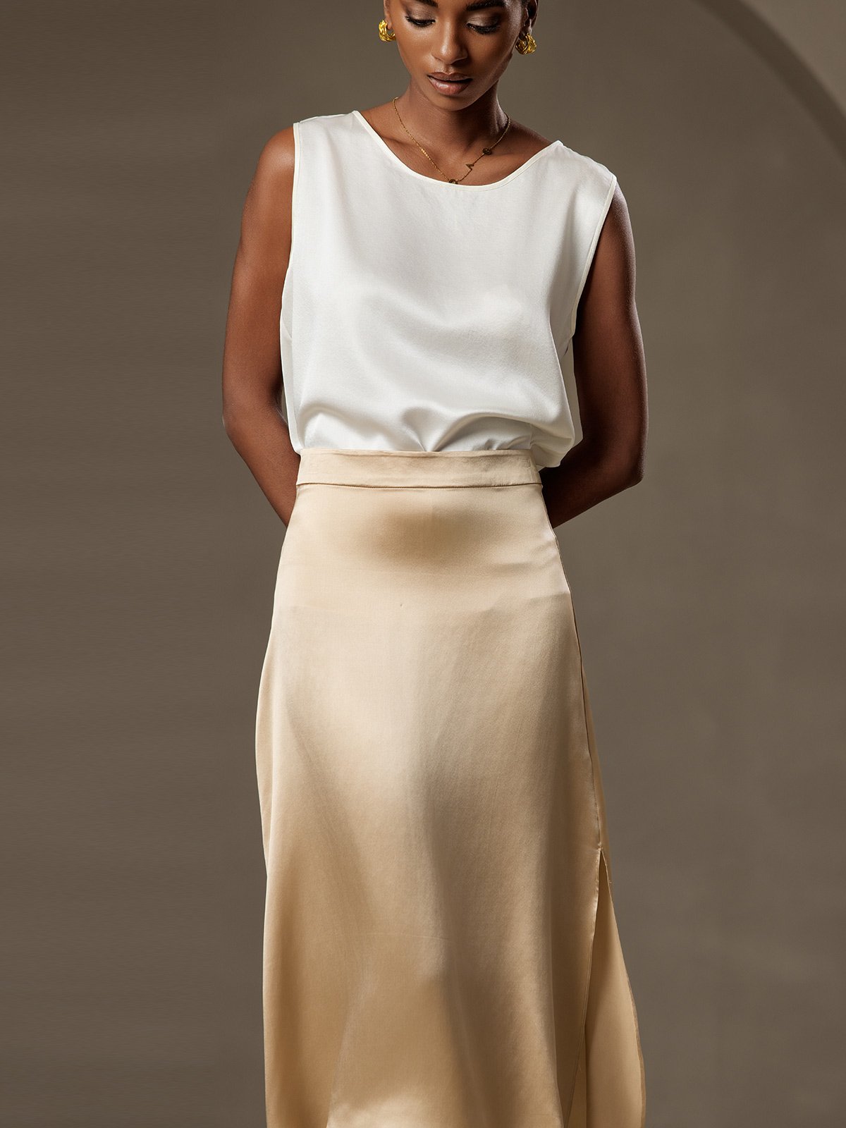 [Blanc] SilkSilky-FR 19Momme Soie Col Rond Top À Fines Brides 003