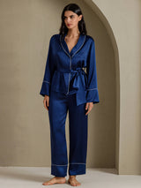 [Bleu Foncé] SilkSilky-FR Long Sleeve Shawl Collar Femme Pyjamas 005
