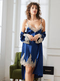 SilkSilky FR Pure Soie Trois quart Nightgown&Robe Set BleuFoncé 005