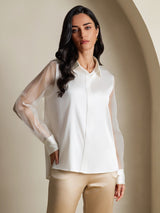 [Blanc] SilkSilky-FR Long Sleeve Lapel Collar Femme Chemise 004