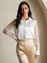 [Blanc] SilkSilky-FR Long Sleeve Lapel Collar Femme Chemise 003