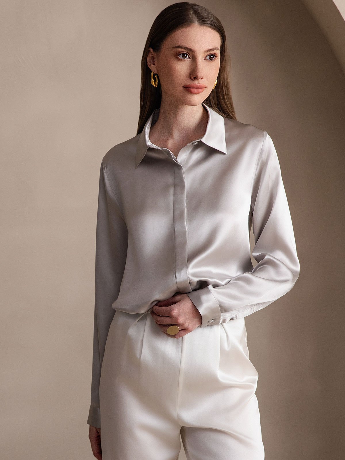 [Gris Clair] SilkSilky-FR 19Momme Soie Col Chemise Femme Chemise 001