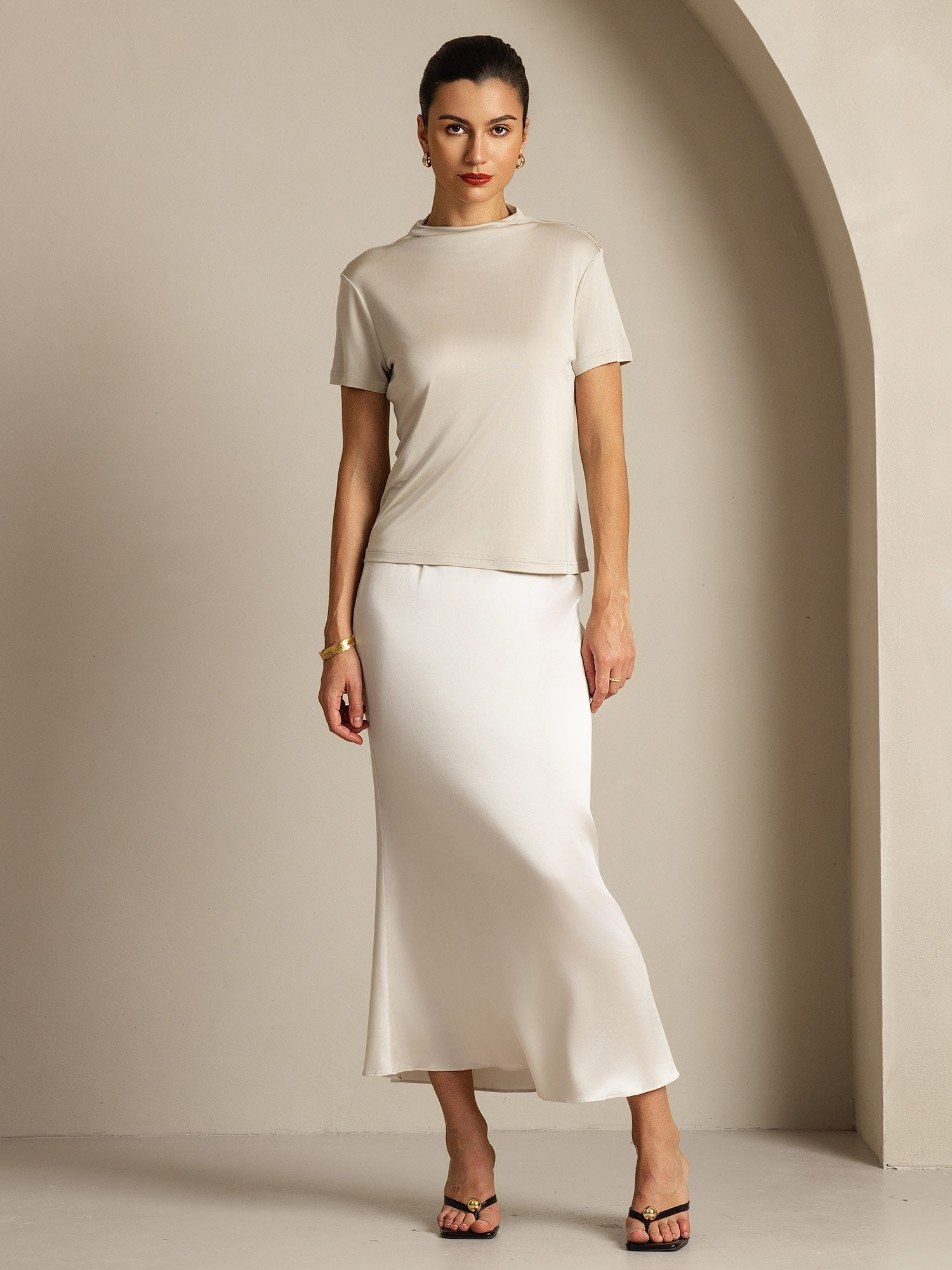 [Gris] SilkSilky-FR Soie Col Chemise Femme T-Shirt 008