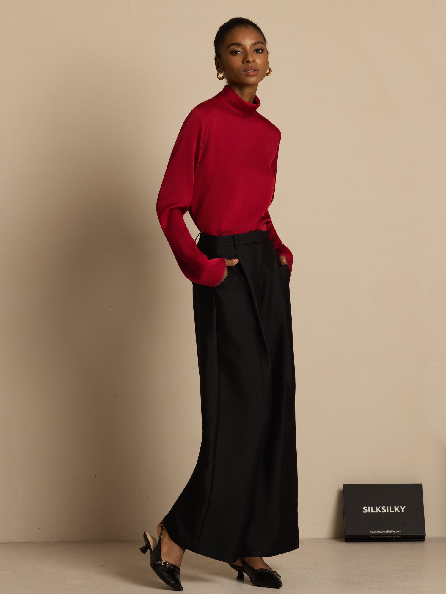 [RougeVineux] SilkSilky-FR 19Momme Soie Manches longues Col Roulé Femme T-Shirt 006