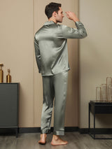 [Vert Grisâtre] SilkSilky-FR Pure Soie Manches longues Revers Homme Pyjamas 002