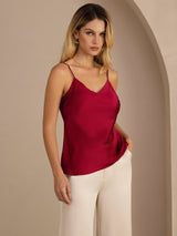 [Rouge Vineux] SilkSilky-FR Sleeveless V Neck Top À Fines Brides 001