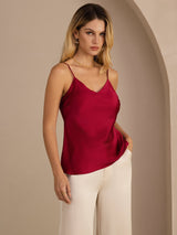 [Rouge Vineux] SilkSilky-FR Sleeveless V Neck Top À Fines Brides 001
