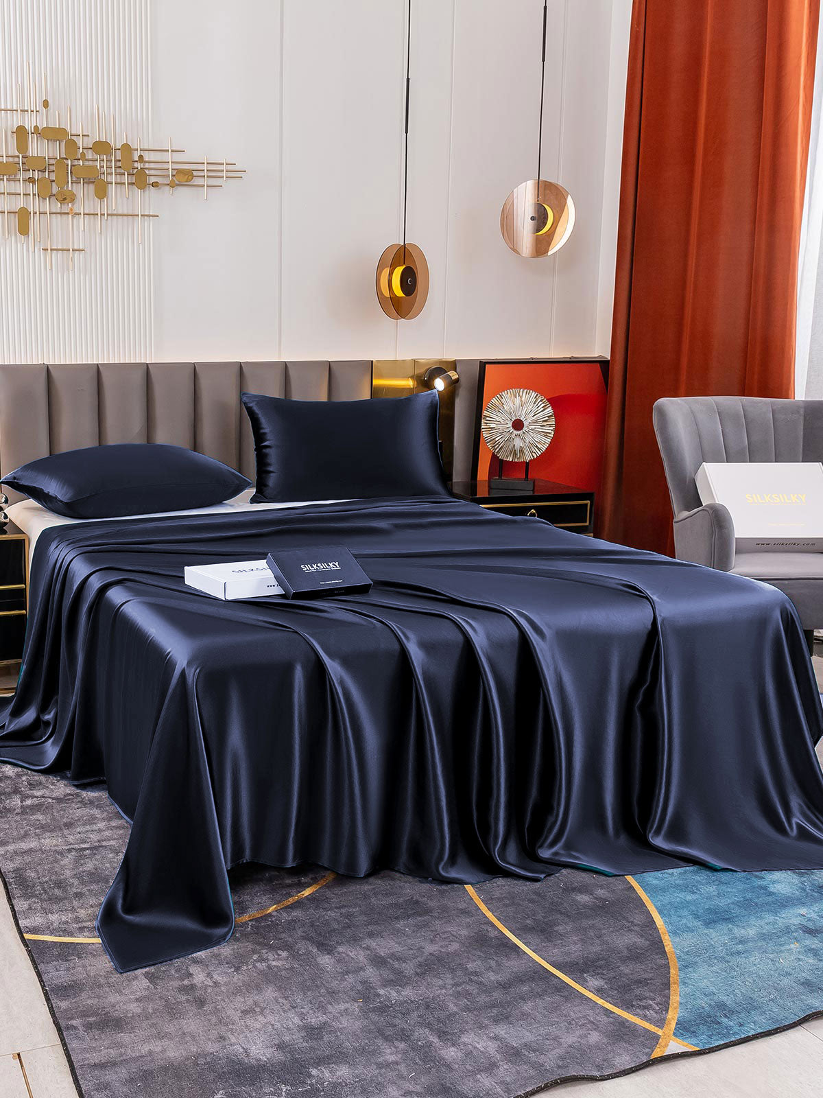 [Bleu Foncé] SilkSilky-FR 19Momme Pure Soie Bedding Set 004