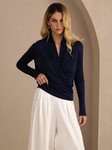 [Bleu Foncé] SilkSilky-FR Long Sleeve Blouse 004