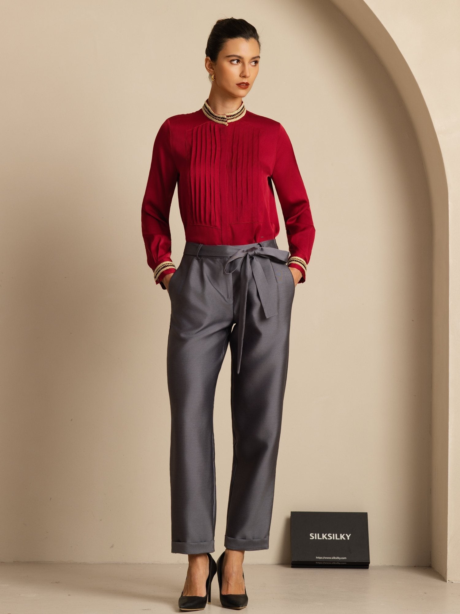 [Rouge Vineux] SilkSilky-FR 19Momme Soie Manches longues Col Montant Blouse 008