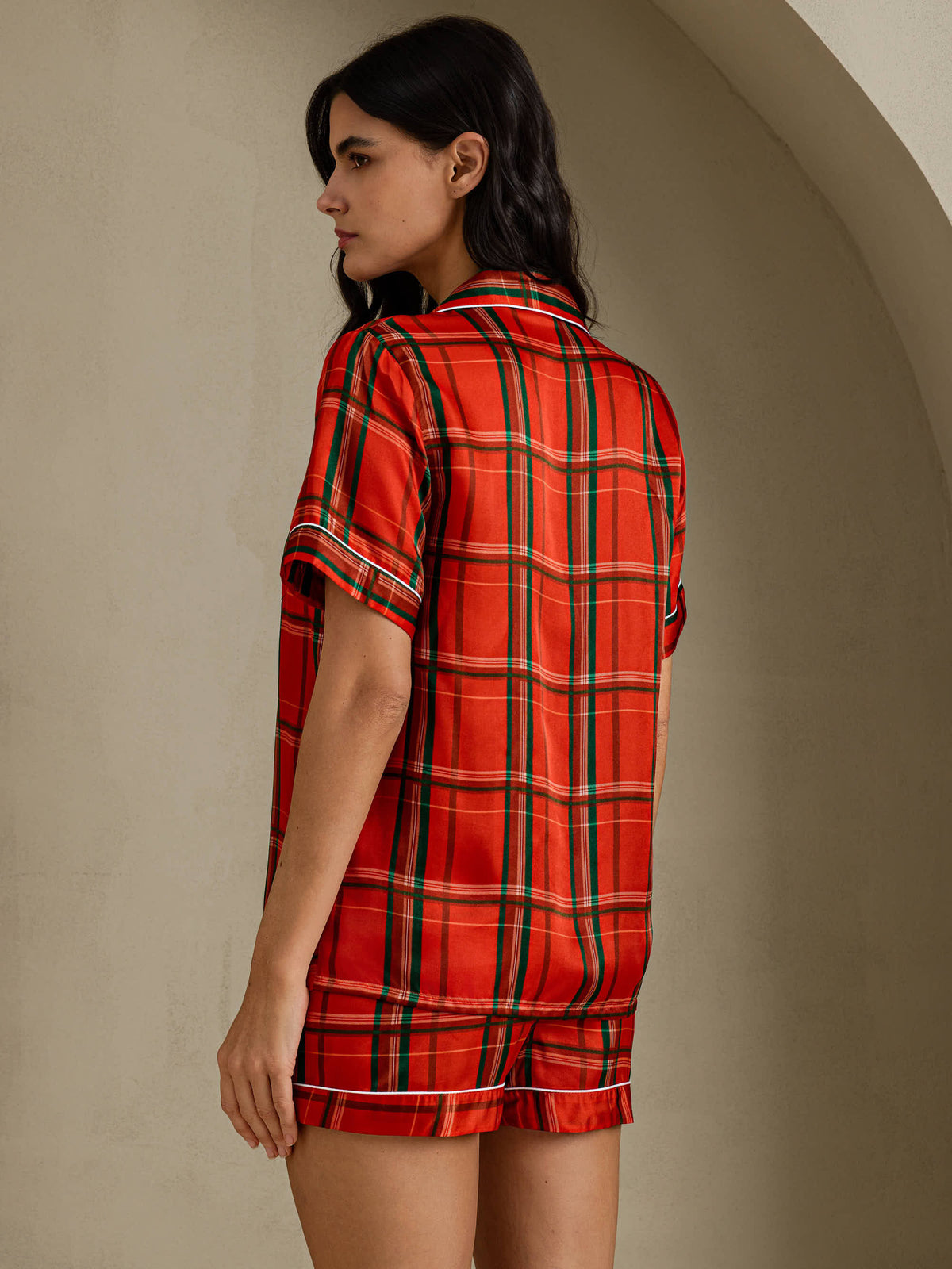 [Carreaux Rouges] SilkSilky-FR Short Sleeve Notch Collar Femme Pyjamas 002