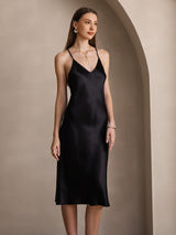 [Noir] SilkSilky-FR Pure Soie Sans manches Col en V Robes 004
