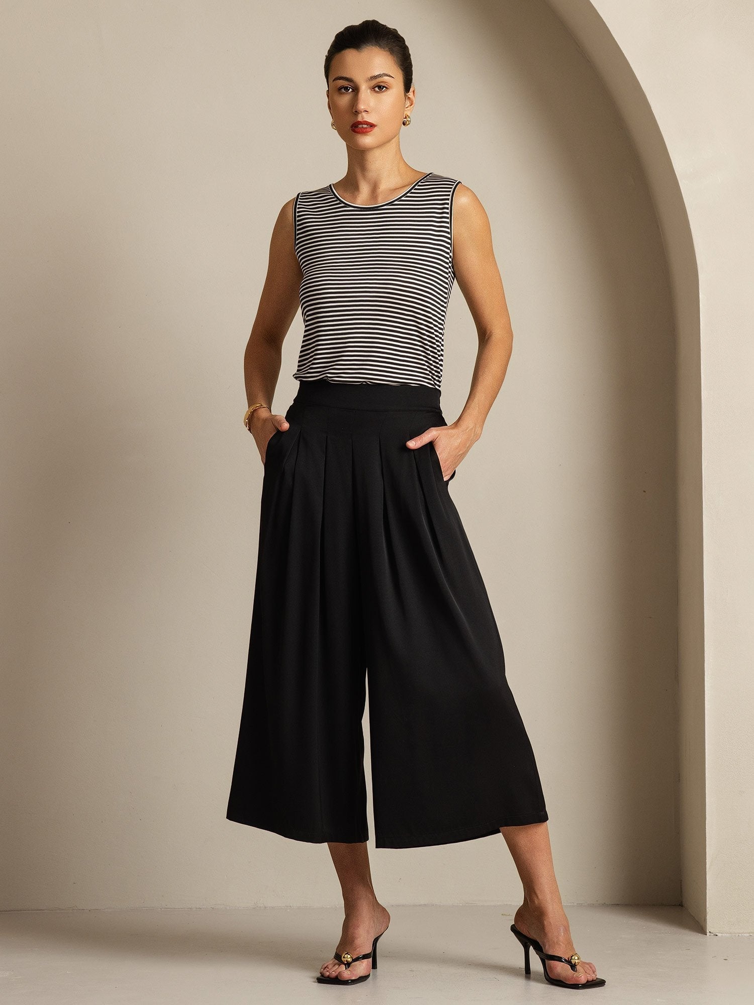 [Rayure Blanche] SilkSilky-FR Soie Sans manches Col Rond Top À Fines Brides 008