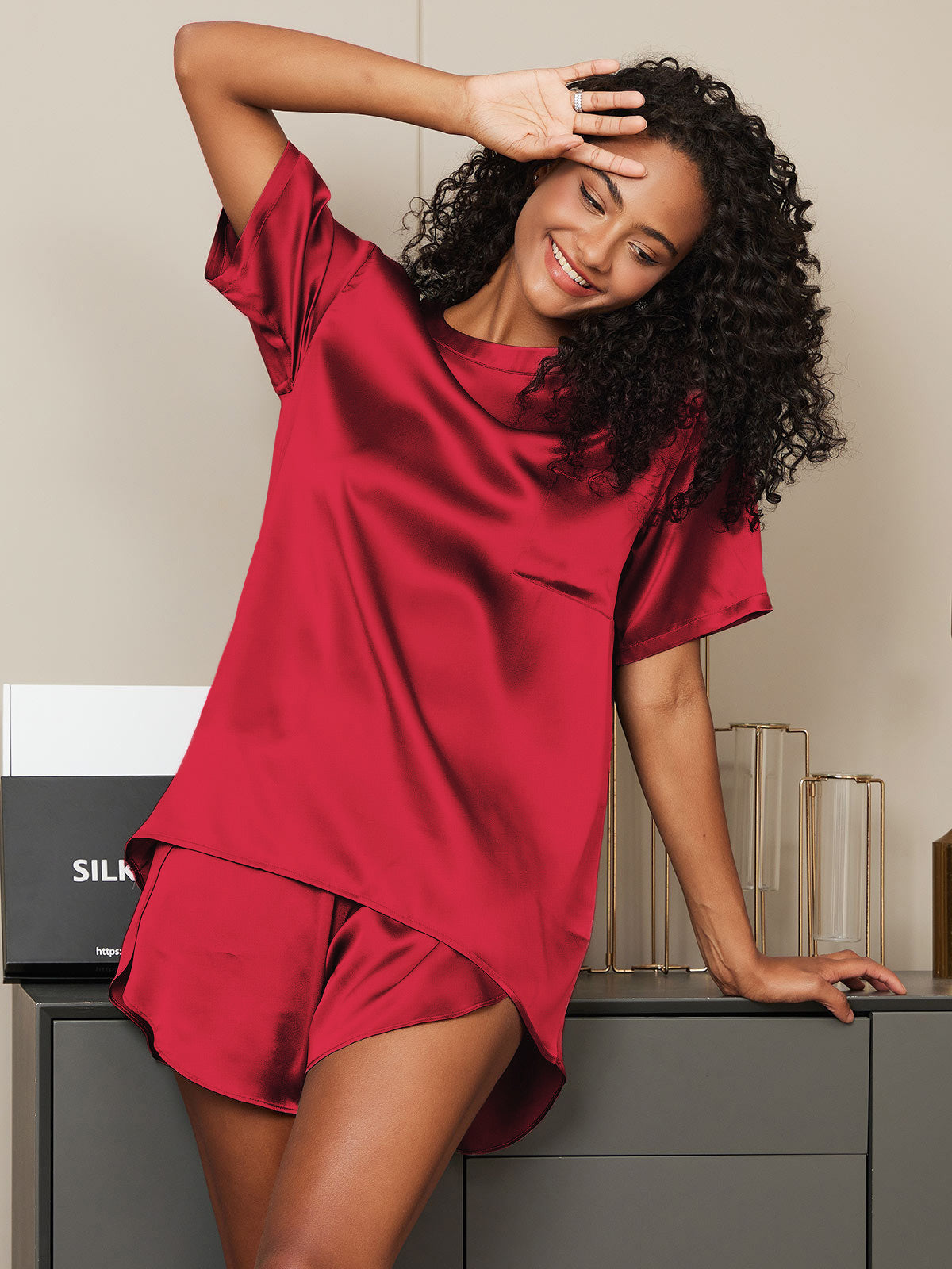 [Rouge Vineux] SilkSilky-FR Pure Soie Col Rond Femme Pyjamas 001