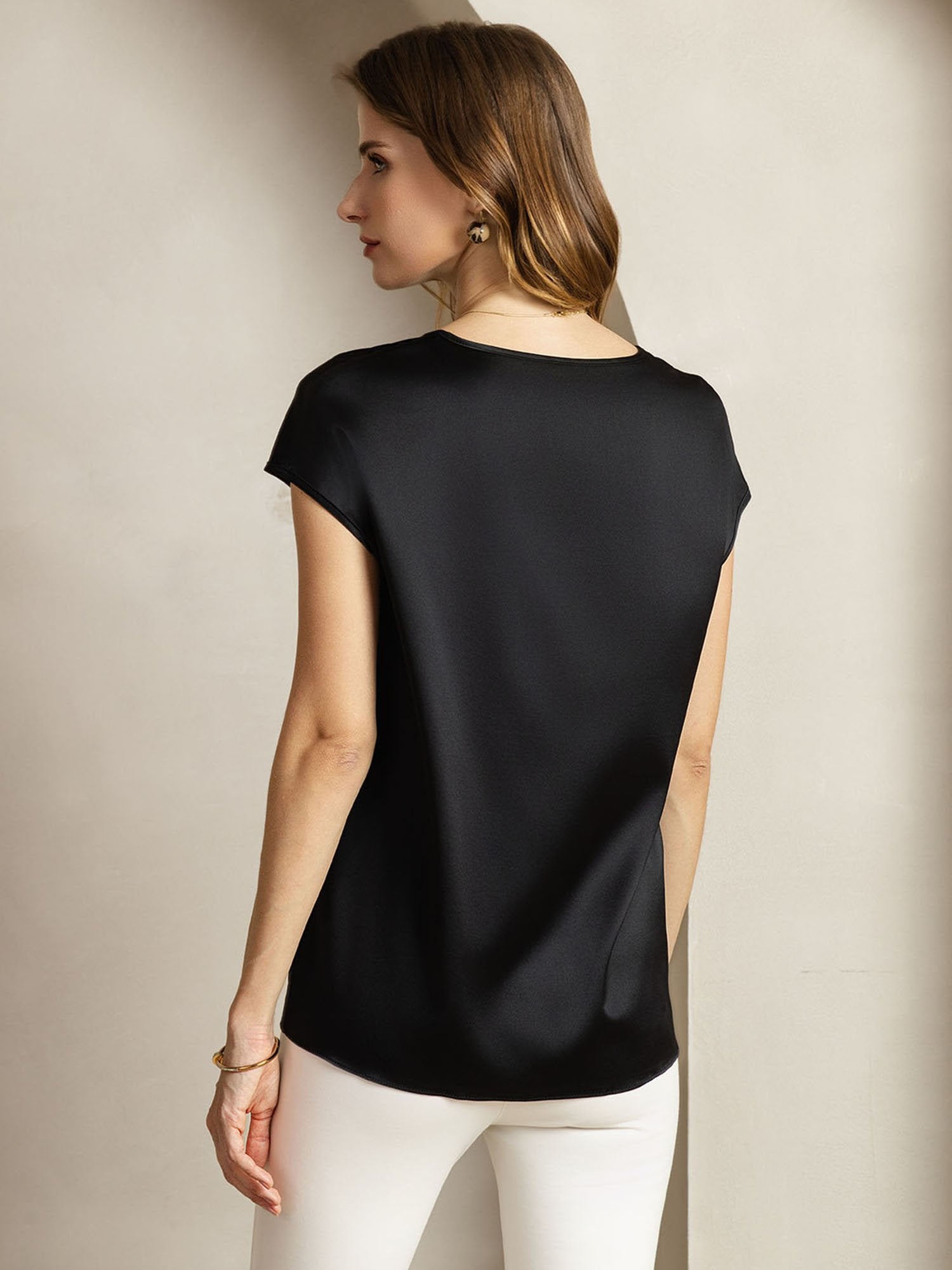[Noir] SilkSilky-FR 19Momme Soie Womens T-Shirt 002