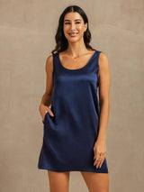 [Bleu Foncé] SilkSilky-FR 19Momme Sans manches Encolure Dégagée Chemises de nuit 003