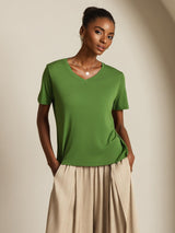 [Vert] SilkSilky-FR Short Sleeve V Neck Femme T-Shirt 001
