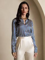 [Rayure Marine] SilkSilky-FR Long Sleeve Lapel Collar Femme Chemise 004