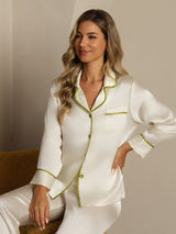 [Blanc] SilkSilky-FR Manches longues Col Cranté Femme Pyjamas 001