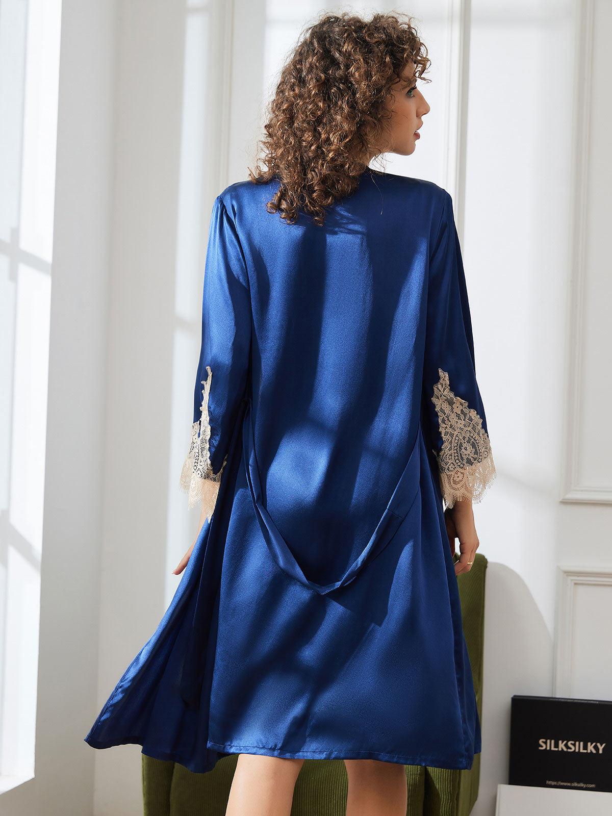 SilkSilky FR Pure Soie Trois quart Nightgown&Robe Set BleuFoncé 002