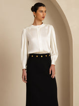 [Blanc] SilkSilky-FR 19Momme Long Sleeve Round Neck Blouse 006