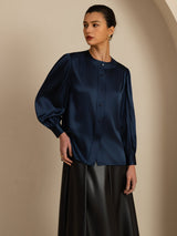 [Bleu Foncé] SilkSilky-FR 19Momme Long Sleeve Round Neck Blouse 005