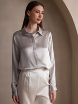 [Gris Clair] SilkSilky-FR 19Momme Manches longues Col à Revers Femme Chemise 003