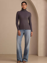 [Gris Foncé] SilkSilky-FR Long Sleeve Turtle Neck Femme T-Shirt 006