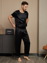 [Noir] SilkSilky-FR Pure Soie Manches courtes Col Rond Homme Pyjamas 004