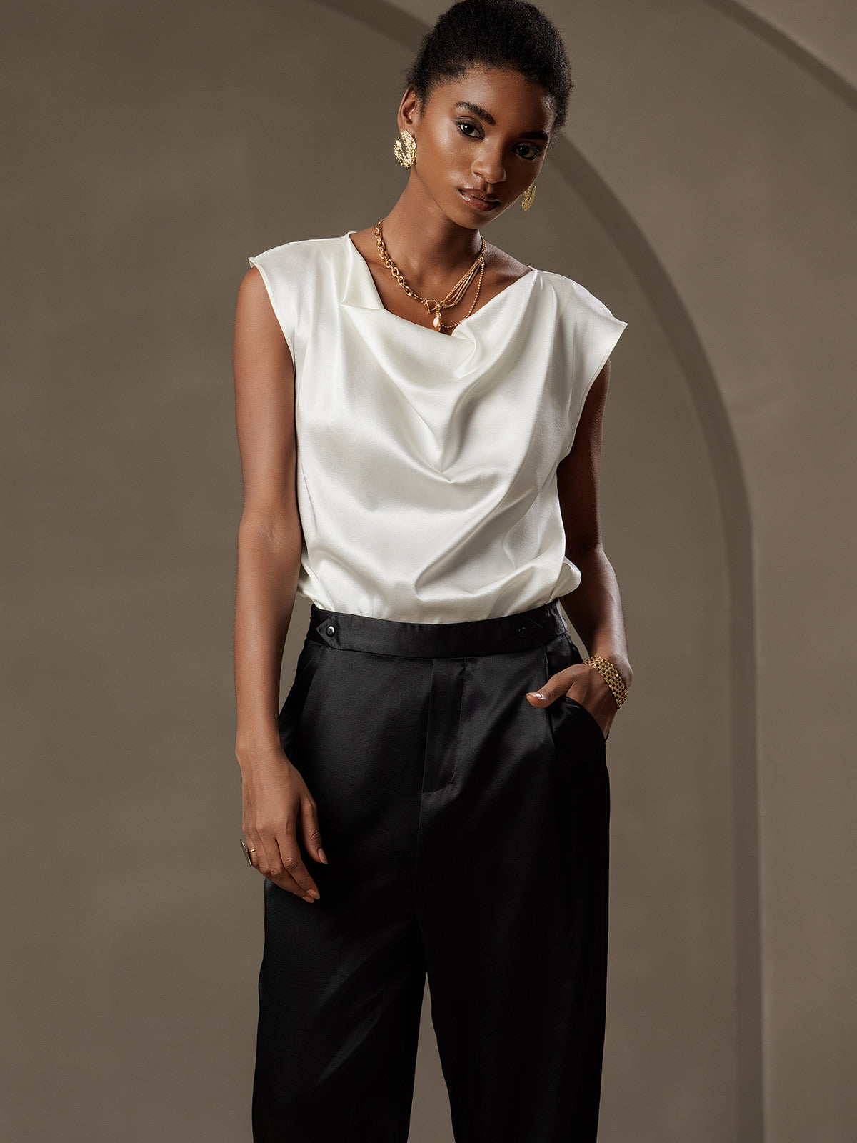 [Noir] SilkSilky-FR 19Momme Soie Womens Pants 005