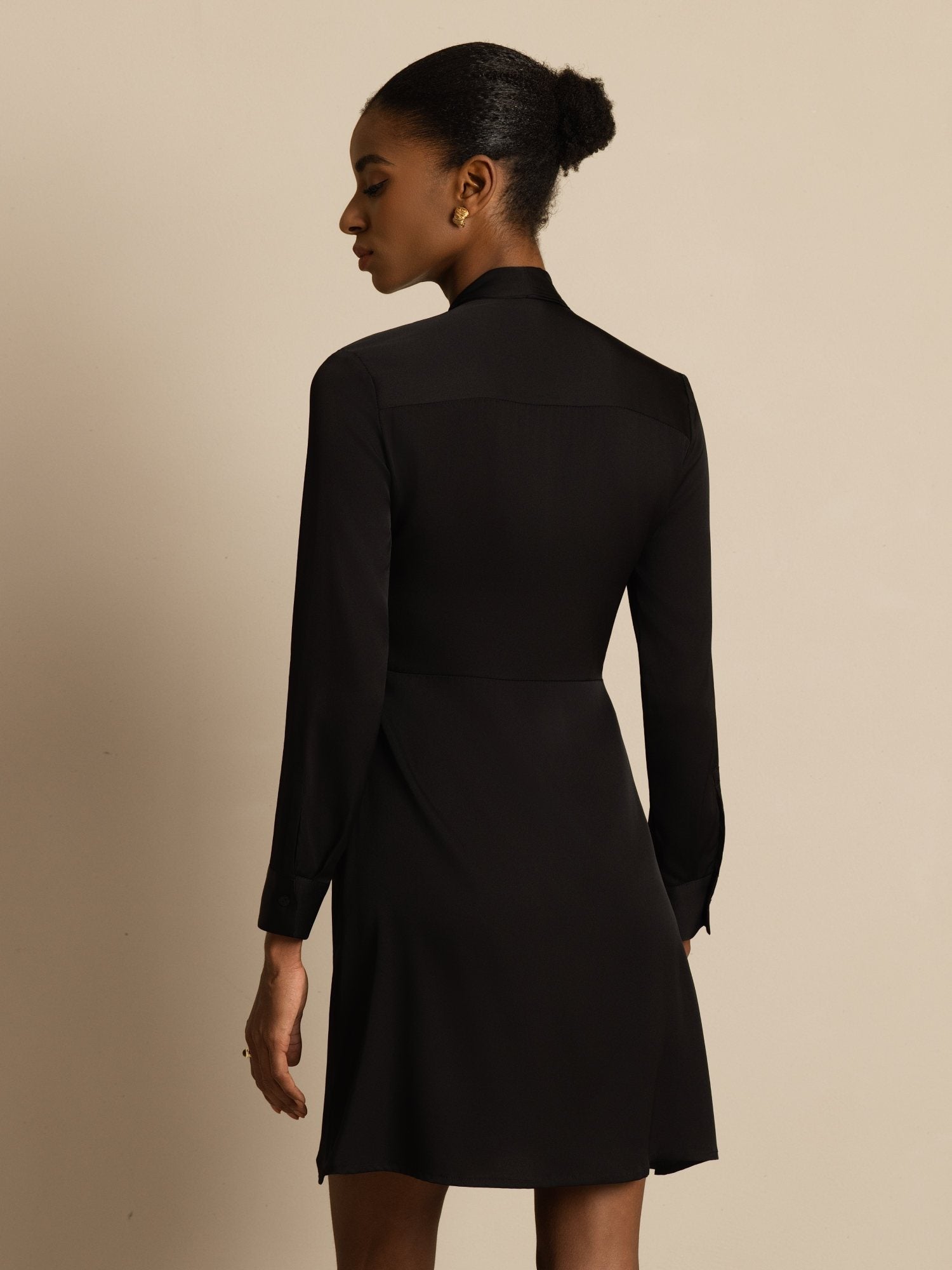 [Noir] SilkSilky-FR 19Momme Soie Manches longues À Nouer Robes 002