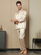[Tan] SilkSilky-FR Pure Soie Manches longues Revers Homme Pyjamas 002