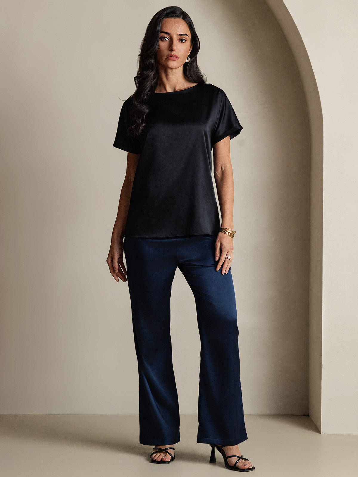 [Noir] SilkSilky-FR 19Momme Soie Col Rond Femme T-Shirt 006