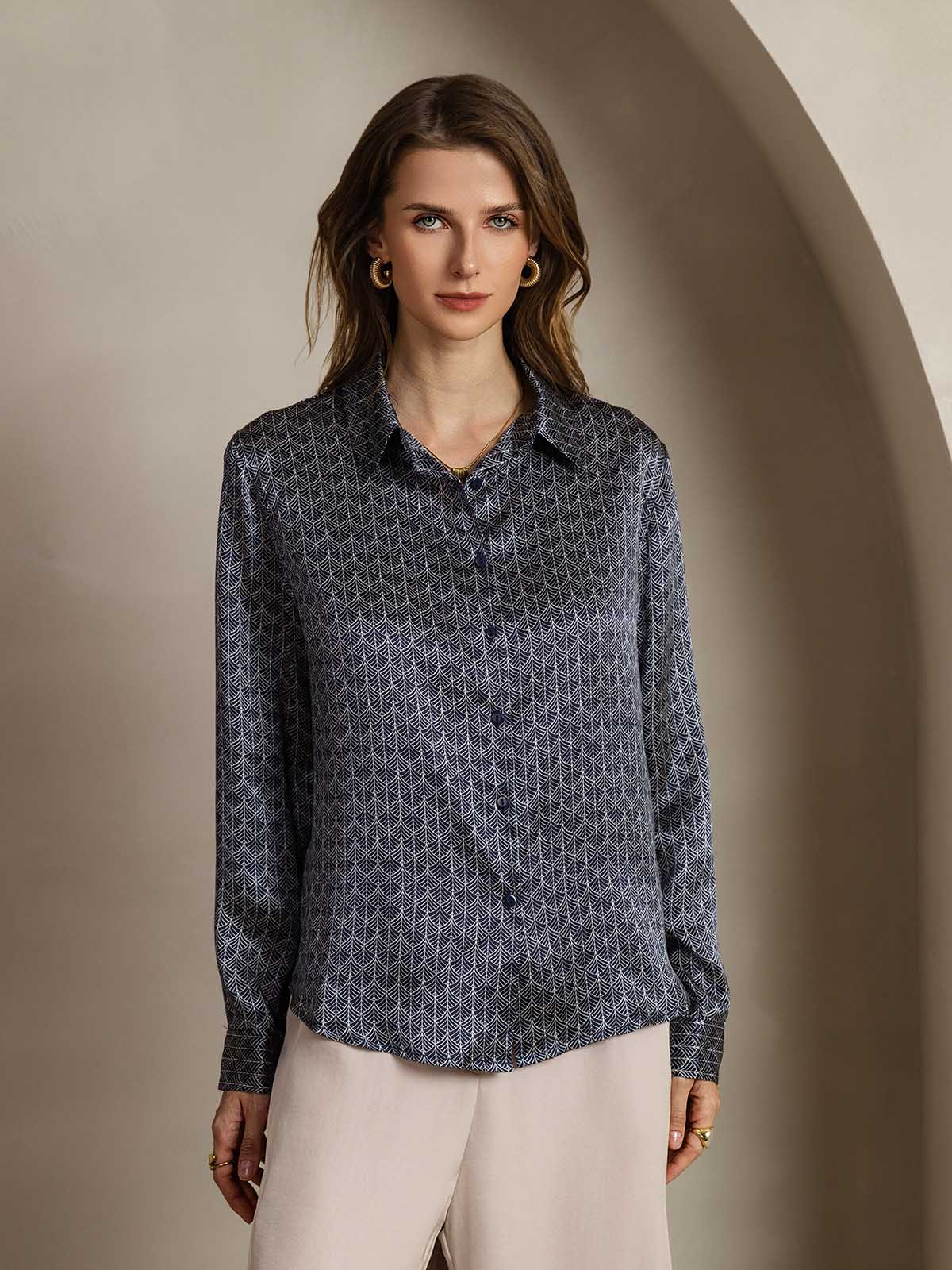 [Ginkgo Marine] SilkSilky-FR Soie Manches longues Col Chemise Femme Chemise 001