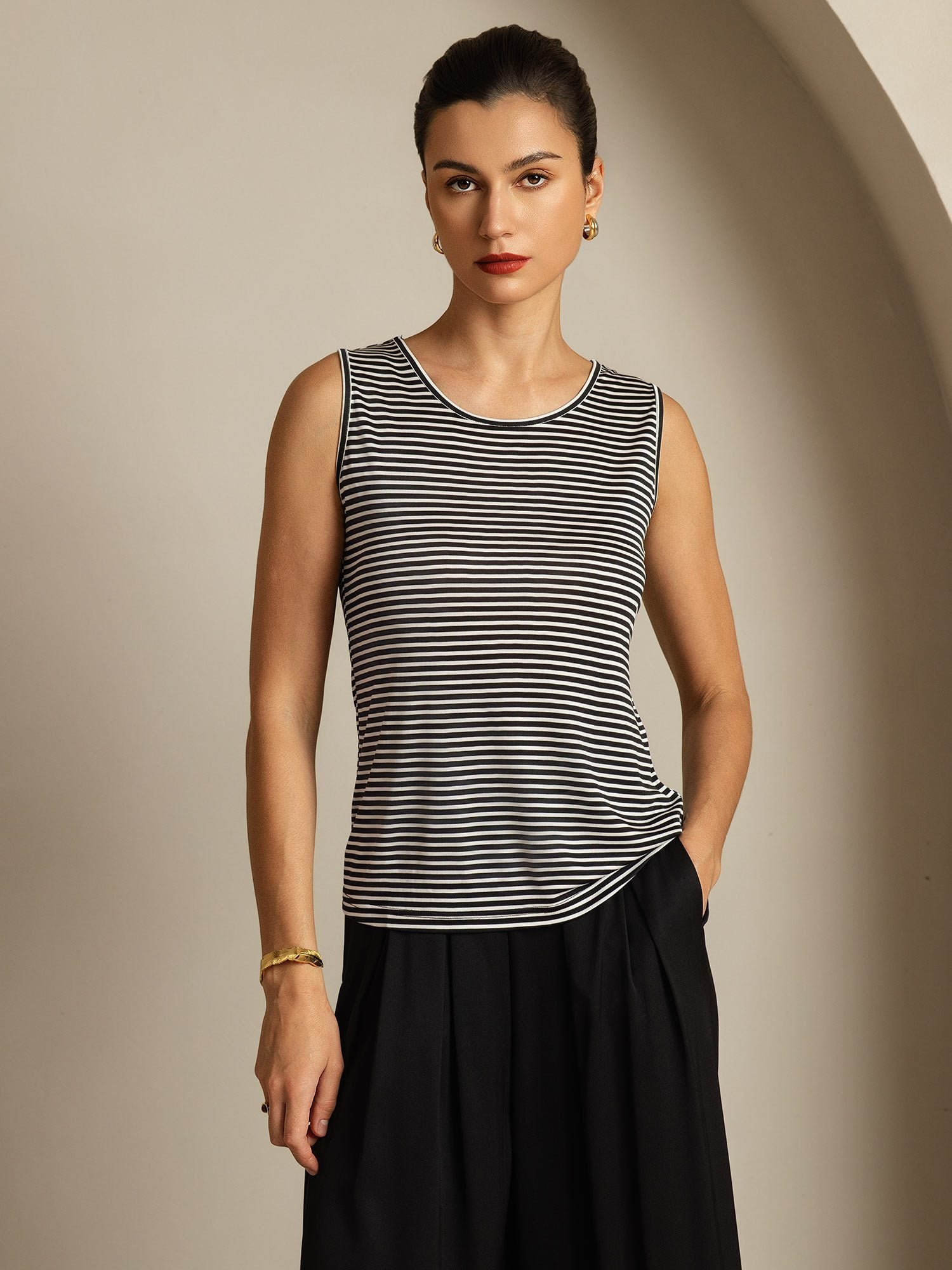 [Rayure Blanche] SilkSilky-FR Soie Sans manches Col Rond Top À Fines Brides 003