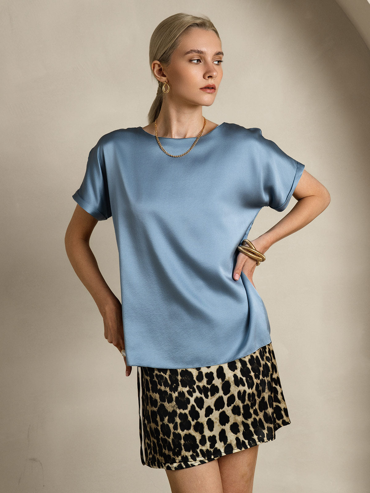 [Bleu Grisâtre] SilkSilky-FR 19Momme Soie Col Rond Femme T-Shirt 004
