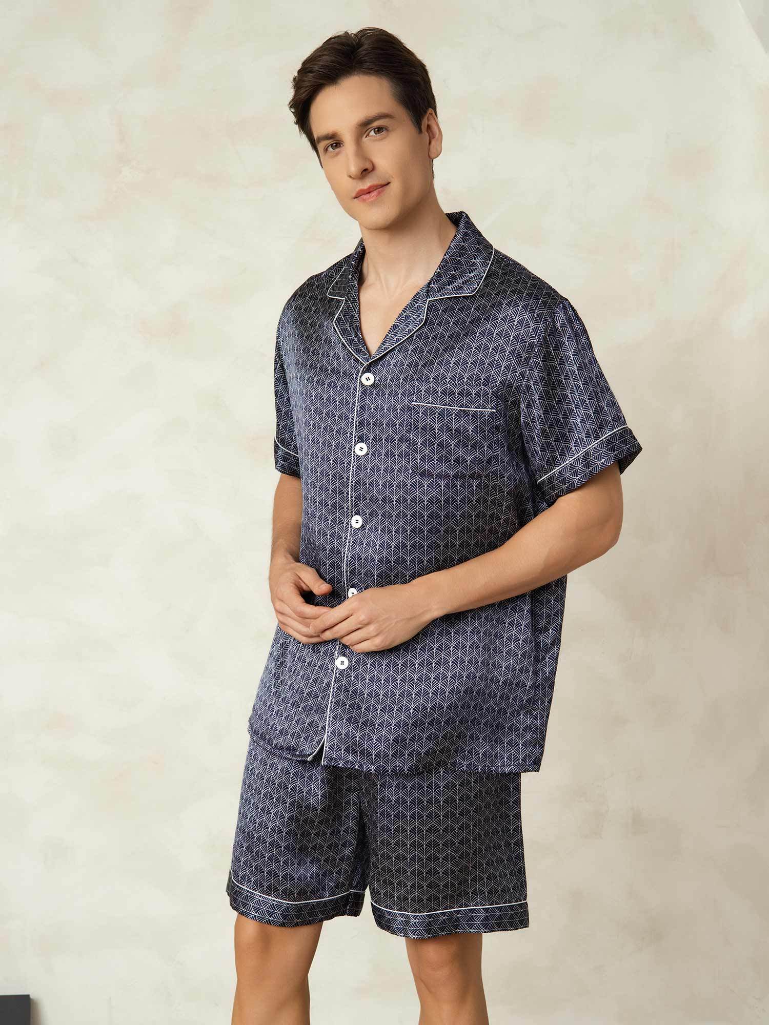 [Ginkgo Marine] SilkSilky-FR Manches courtes Col Cranté Homme Pyjamas 003
