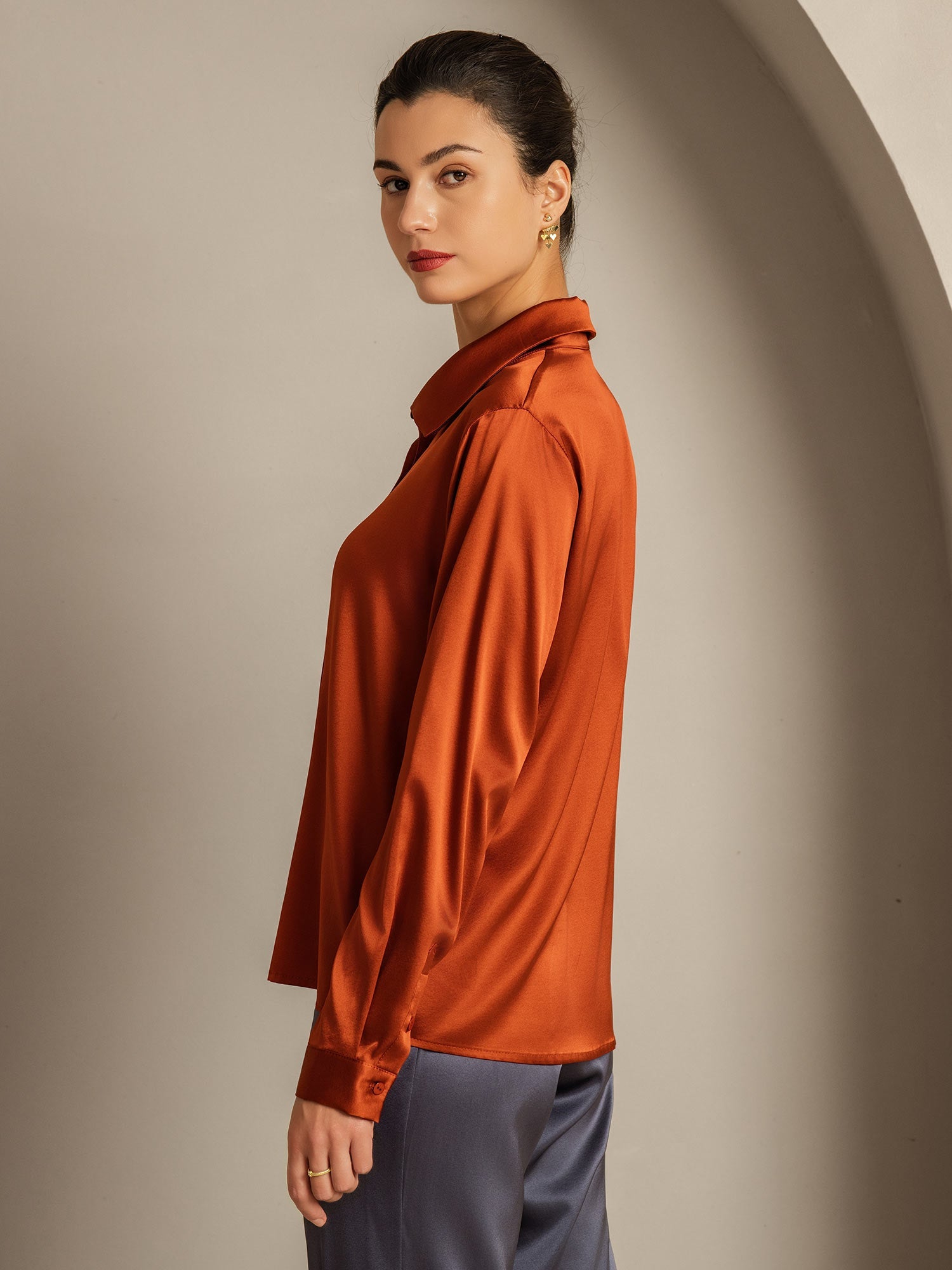 [Caramel] SilkSilky-FR 19Momme Soie Manches longues Col Chemise Femme Chemise 002