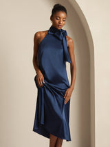 [Bleu Foncé] SilkSilky-FR Sleeveless Tie Neck Robes 007